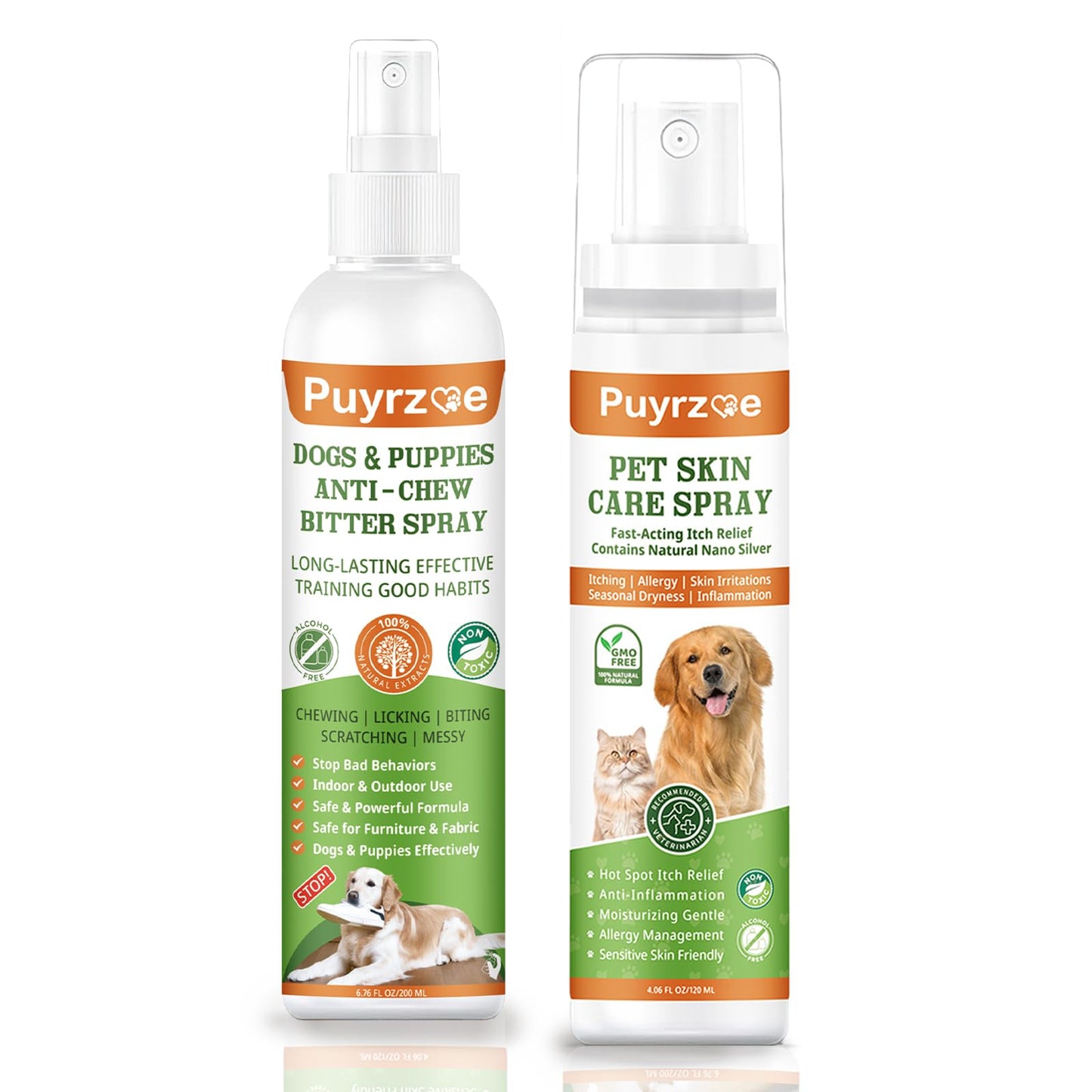 puyrzoe 200ML Dog No Chew Spray & 120ML Pet Itch Relief Hot Spot Spray, Anti Itch and Allergy Relief & Prevent Chewing Furniture, Indoor Outdoor, Training & Behavior Aids, No Alcohol & Trace