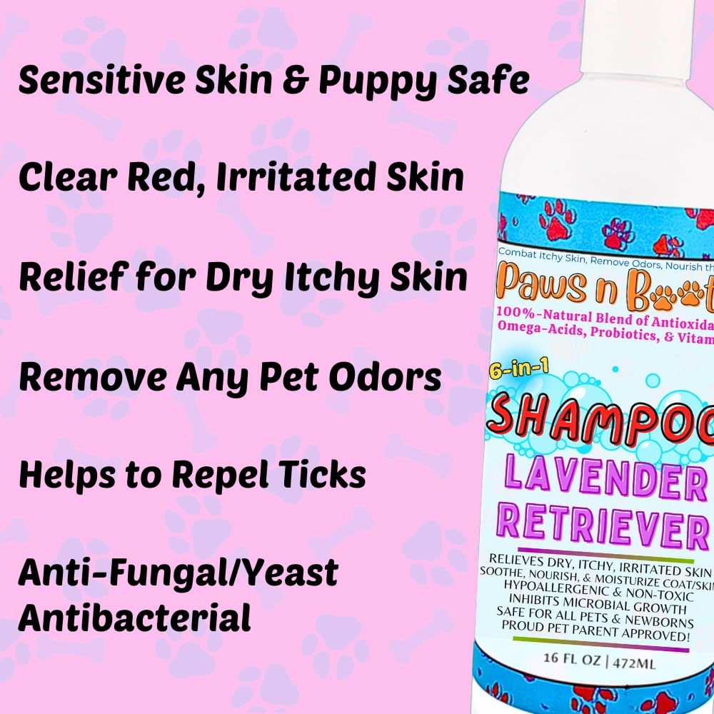 6-in-1 Dog Shampoo - Fast Relief for Allergies, Dry, Itchy, Skin. Premium & Beneficial Ingredients to Repair and Nourish The Skin/Coat. 100% Natural, Organic, Plant-Based, Lavender-Retriever