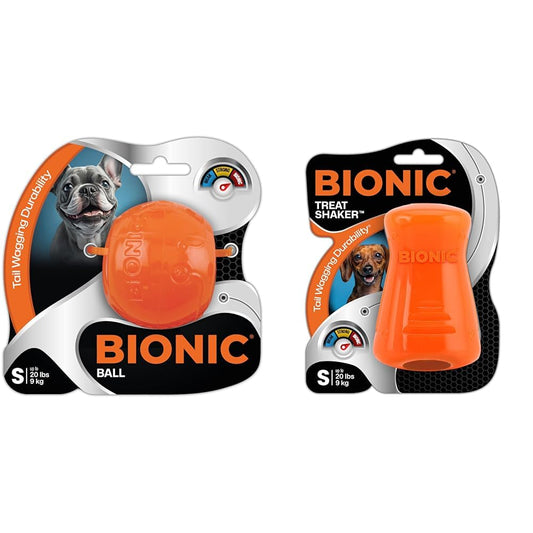 BIONIC Dog Toy Bundle - Small Ball & Treat Shaker - High-Visibility, Durable Chew Toys for Dogs Up to 20 lbs.