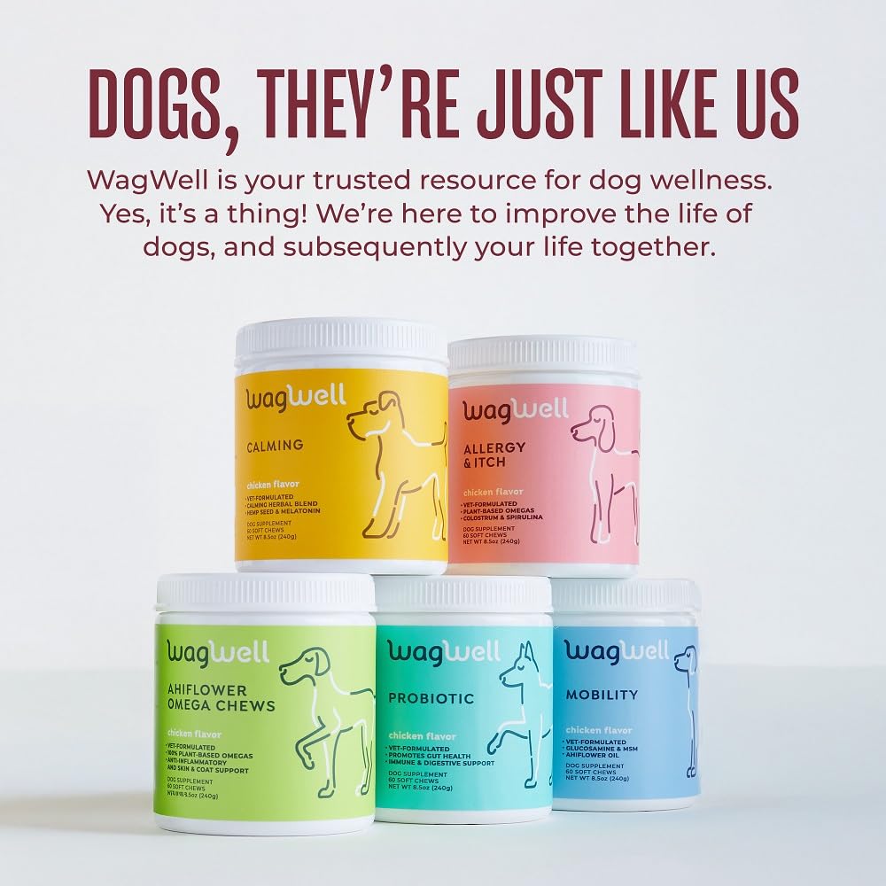 WagWell Allergy and Itch Chews – Chicken Flavored – Plant Based with Colostrum and Spirulina – Dog Skin and Coat Supplement for Itch Relief and Digestive Health, 60 Chews