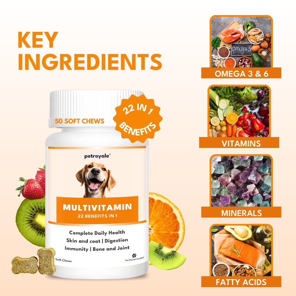 Petroyale Multivitamin Chews for Dogs - 22 in 1 Multivitamins for Dogs - Dog Multivitamins Chewable with Probiotics - Puppy & Senior Dog's Vitamins - Daily Dog Multivitamin Supplement - 50 Chews