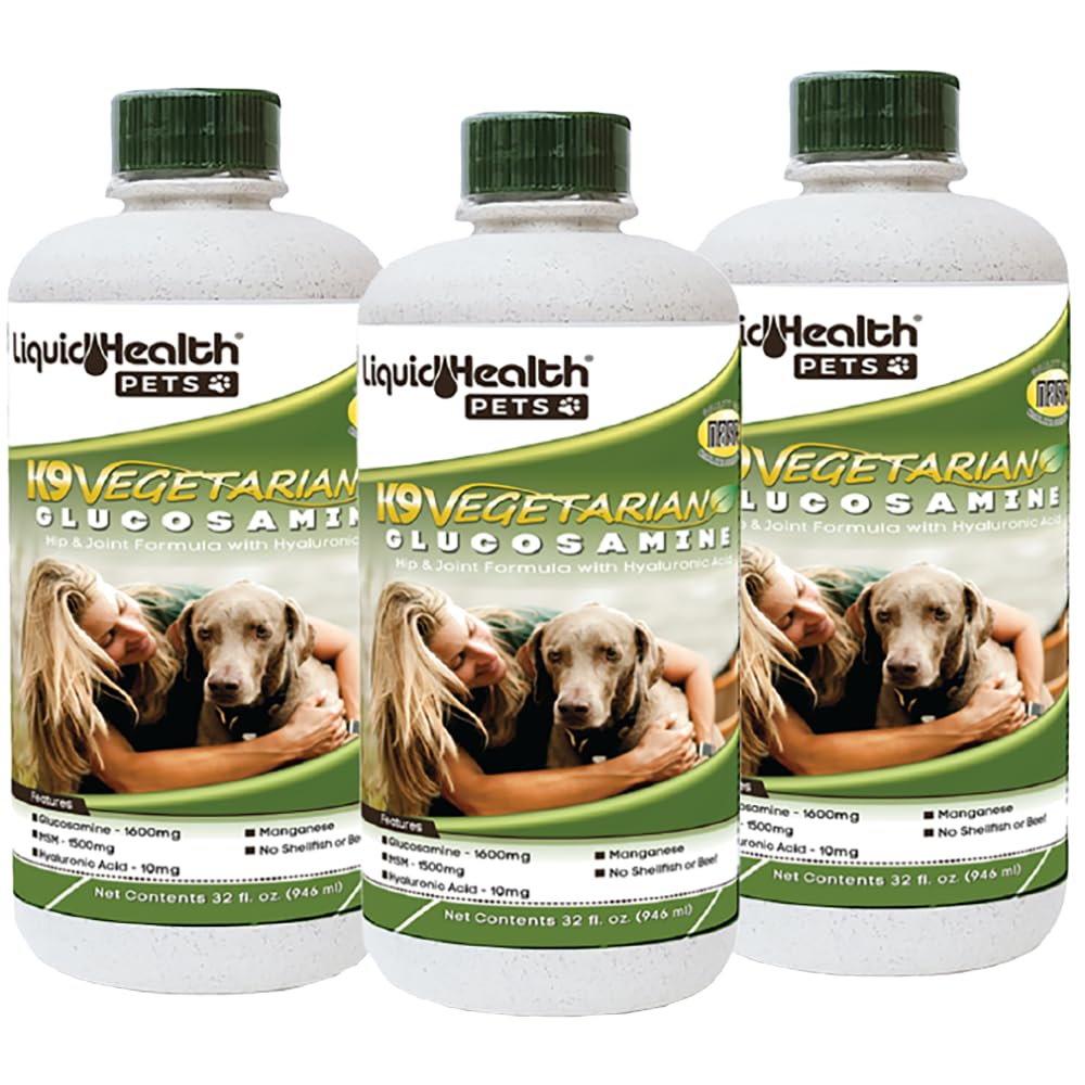 LIQUIDHEALTH Pets K9 Vegetarian Liquid Glucosamine Juice for All Dogs Canines with Chondroitin, MSM, Omega 3, Antioxidants, Hyaluronic Acid - Dog Vitamin Oil for Hip & Joint Health - USA Made (3 Pack)
