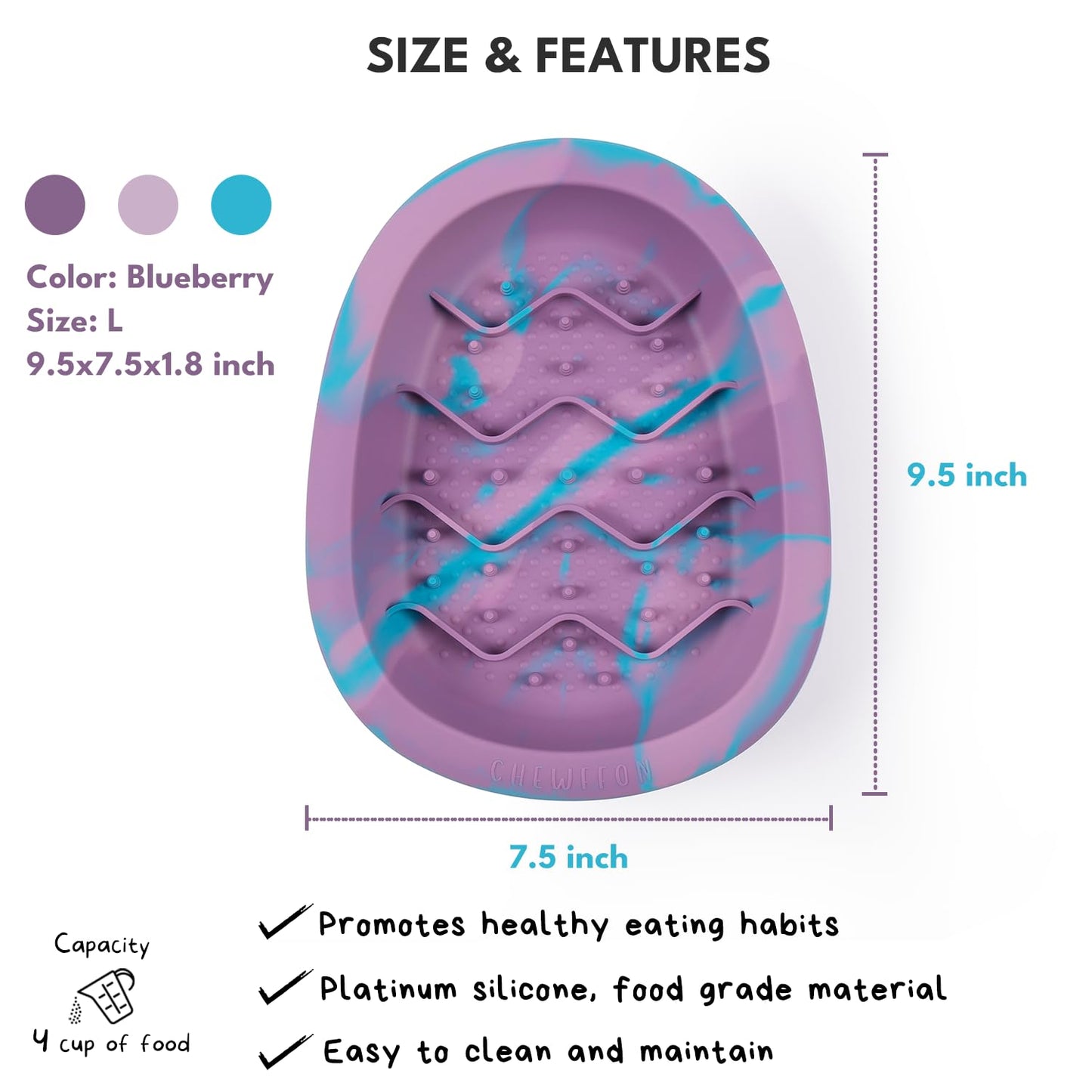 CHEWFFON Interactive Dog&Cat Lick Mat Bowls, BPA-Free Silicone Dog Slow Feeder Bowl with Suction Cups, Non Slip Food Bowl for Dogs and Cats, Reduces Boredom and Anxiety, Dishwasher Safe, Blueberry