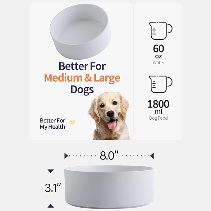 White Dog Bowl Ceramic for Medium Large Breed, Heavy Weighted Dog Food Water Feeder Dish, Non - Slip Modern Cute Extra Big Porcelain 8 in Pet Bowl Maze