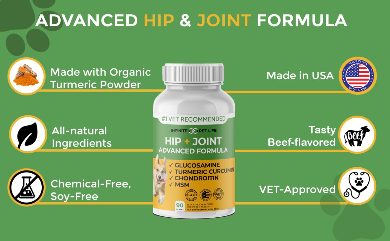 Advanced Hip and Joint Supplement for Dogs All Breeds - Glucosamine for Dogs Mobility & Pain Relief - All Natural Chondroitin, MSM & Turmeric Dog Joint Supplement - 90 Chewable Tablets