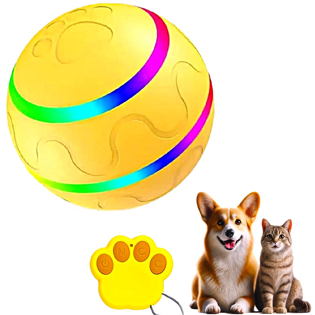 Yellow LED Remote-Controlled Interactive Toy Ball – Bouncy Light-Up Enrichment Toy for Dogs, Puppies, and Indoor Cats