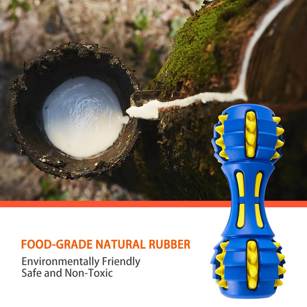 AUSCAT Teething Dog Toys, Durable Squeaky Dog Toys, Rubber Chew Toys for Dogs, Dumbbell Shape, Blue and Black