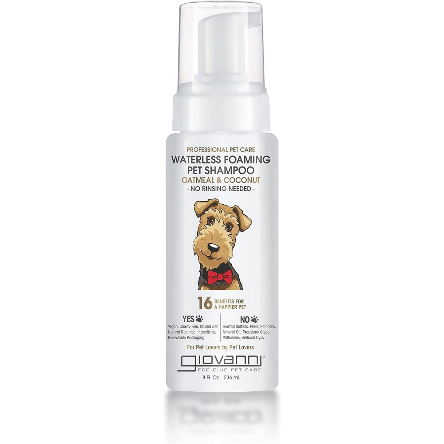 GIOVANNI Professional Foaming Waterless Pet Shampoo - Oatmeal & Coconut Helps Neutralize Odors, Cleanses, Silkens, Controls Static, Freshens Fur - 8 oz