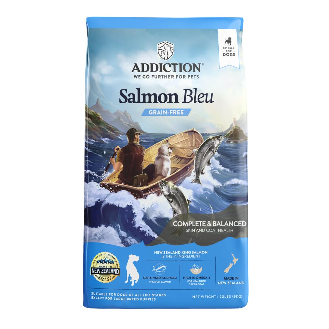 Addiction Salmon Bleu Grain-Free Dry Dog Food - Rich in Prebiotics to Support Skin, Coat & Cognitive Health - Salmon Recipe for All Dog Life Stages - Made in New Zealand 20 lb