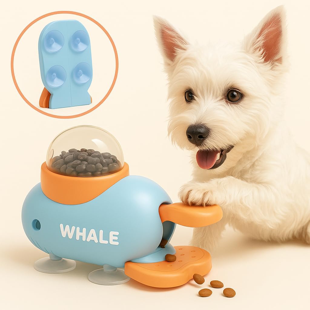 Slow Feeder Dog Balls Puzzles for Smart Dogs Interactive Dog Toy Whale-Shaped Treat Dispenser for Small & Medium Dogs, Durable Non-Toxic Food-Grade Design + Suction Cups