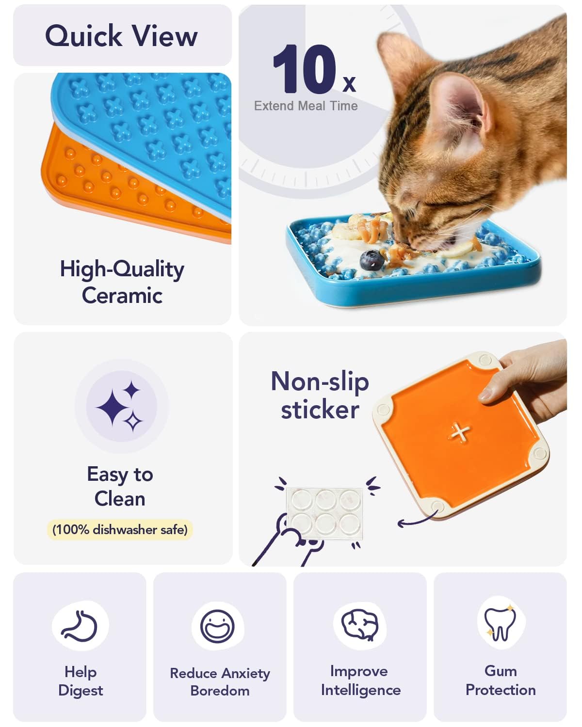 LE TAUCI PET Cat Slow Feeder, 5.5 Inch Lick Mat for Cats and Puppy,Anxiety Relief Licking Mat, Puzzle Feeder for Peanut Butter, Treats, Pet Enrichment Toys, Set of 2, Blue and Orange