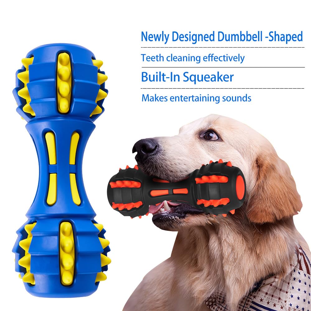 AUSCAT Teething Dog Toys, Durable Squeaky Dog Toys, Rubber Chew Toys for Dogs, Dumbbell Shape, Blue and Black