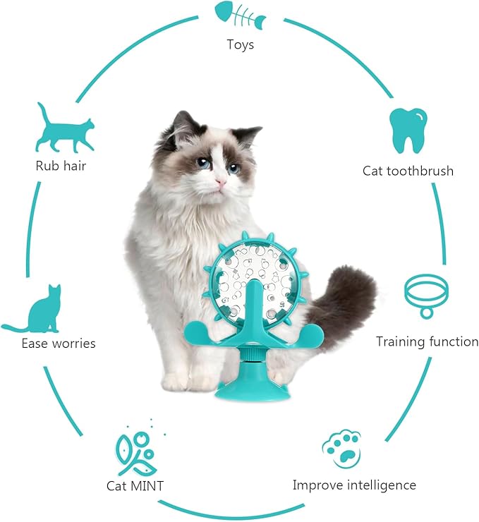 iplusmile Interactive Cat Treats Dispenser Toy, 360° Rotating Windmill Toys, Fun Pet Cat Food Puzzle Toy for Bored Indoor, Exercise Wheel Feeder Toy with Suction Cup, Blue