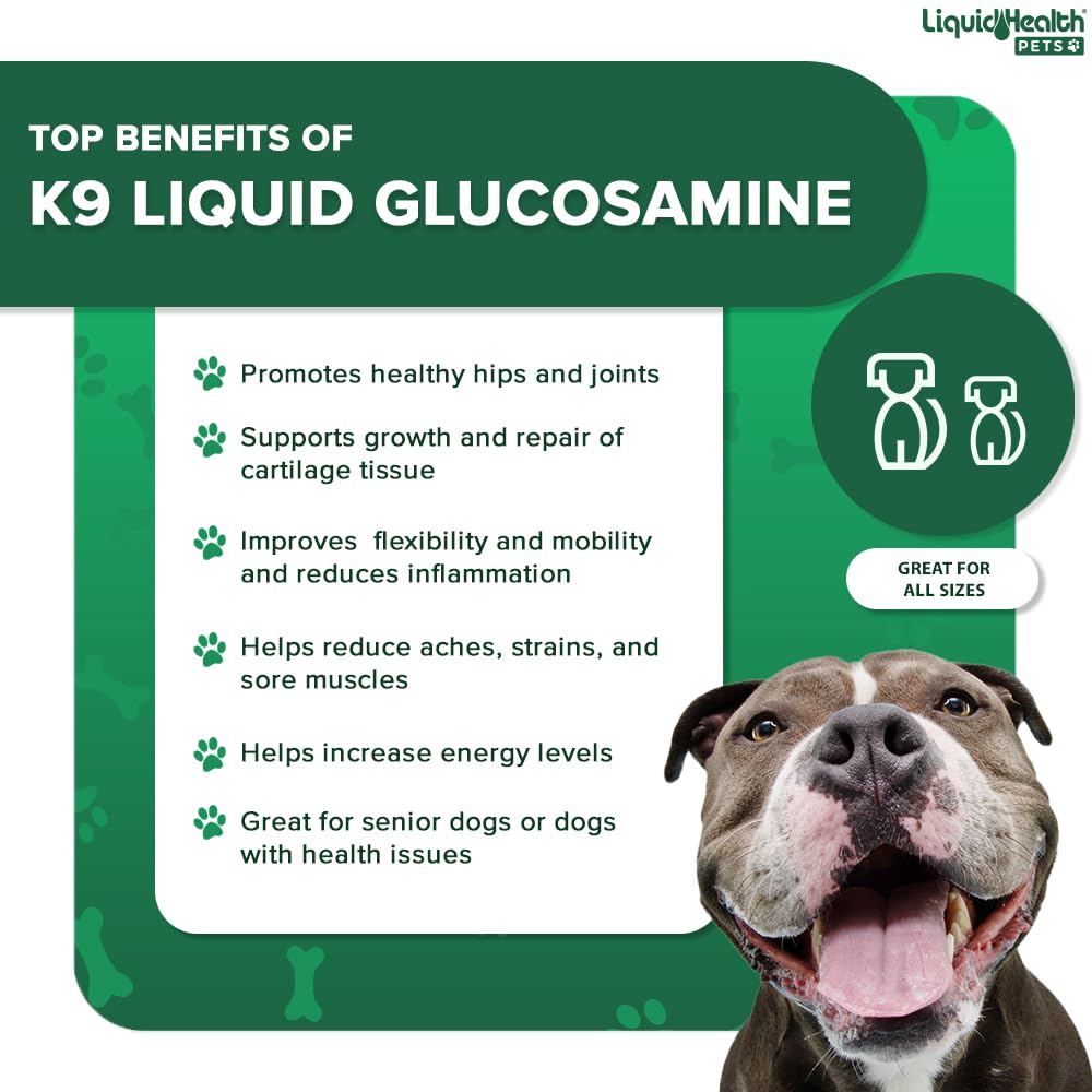 LIQUIDHEALTH Pets K9 Liquid Glucosamine for Dogs, Puppies, Senior Canines with Chondroitin, MSM, Hyaluronic Acid - Dog Vitamins for Hip & Joint Health, Dog Joint Oil, Joint Juice - Made in USA (32 oz)