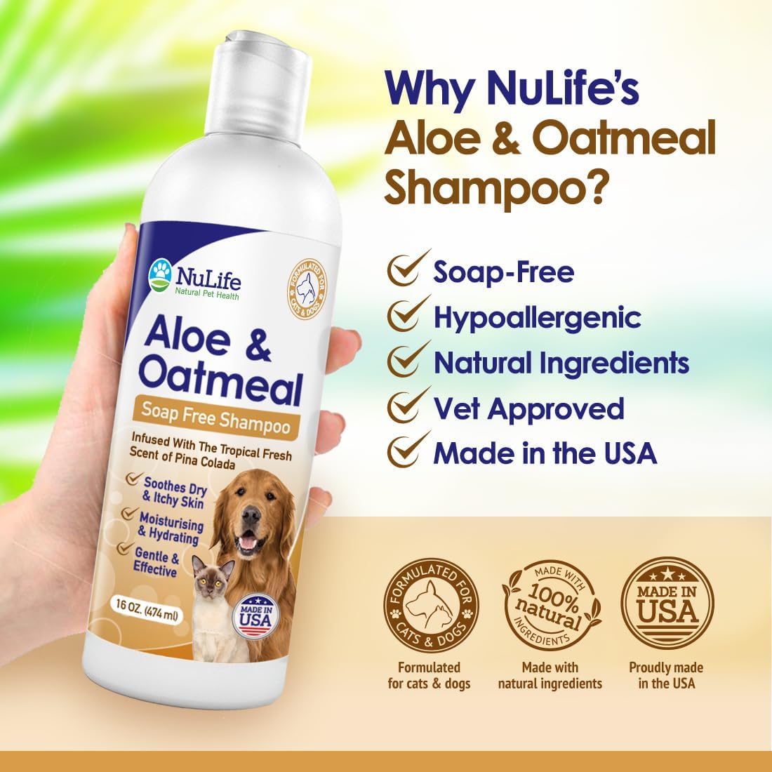 Oatmeal Dog Shampoo with Soothing Aloe Vera, Sensitive Skin Dog Shampoo for All Pets, with Tropical Fresh Pina Colada Scent, Hypoallergenic Formula Provides Relief from Allergies & Dry Itchy Skin