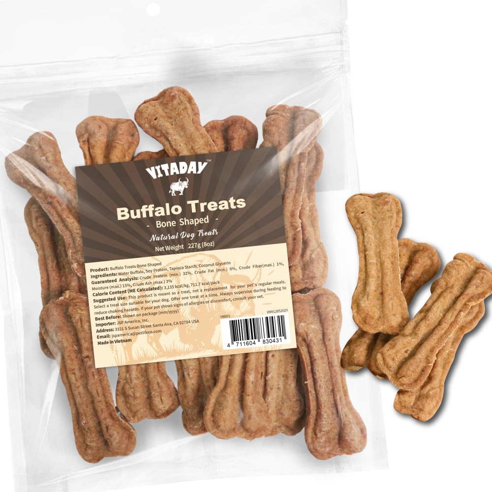 VITADAY Buffalo Dog Treats Bone 8oz, Natural Low-Fat Chews for Training & Rewards, Limited Ingredient, Dogs & Puppies