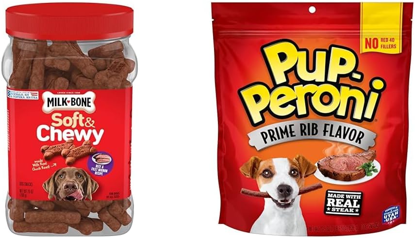Milk-Bone Soft & Chewy Dog Treats Beef & Filet Mignon 25 Ounce + Pup-Peroni Prime Rib Flavor Dog Treats 22.5 Ounce Bundle