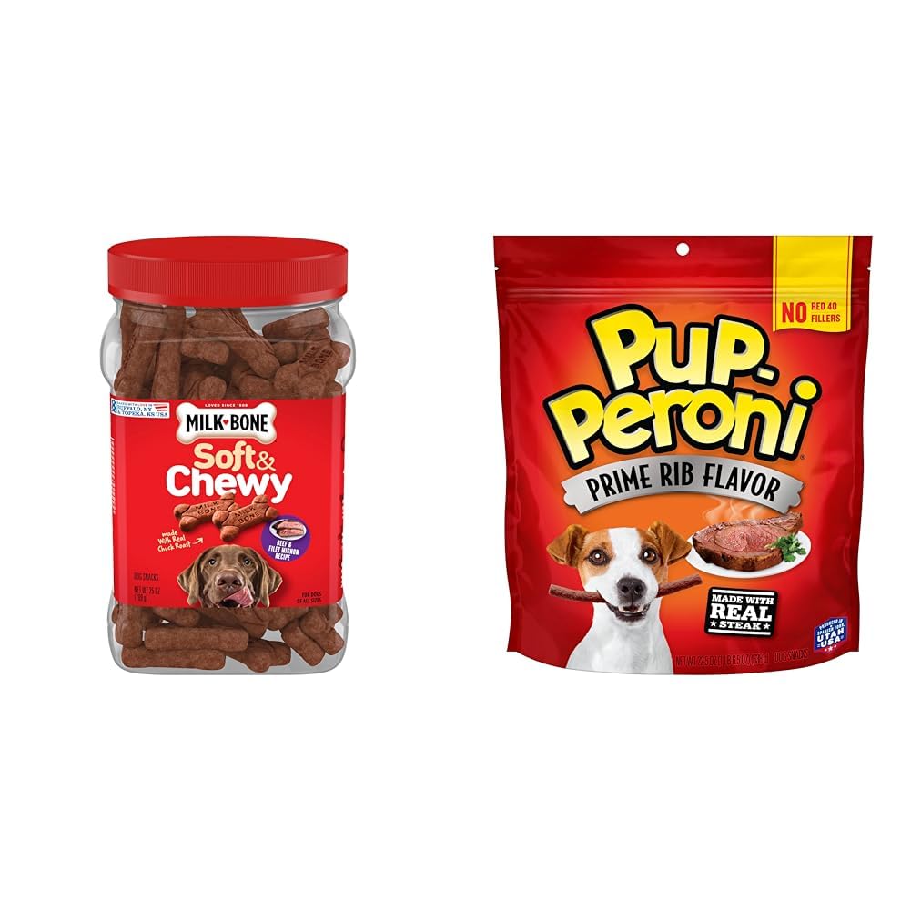 Milk-Bone Soft & Chewy Dog Treats Beef & Filet Mignon 25 Ounce + Pup-Peroni Prime Rib Flavor Dog Treats 22.5 Ounce Bundle