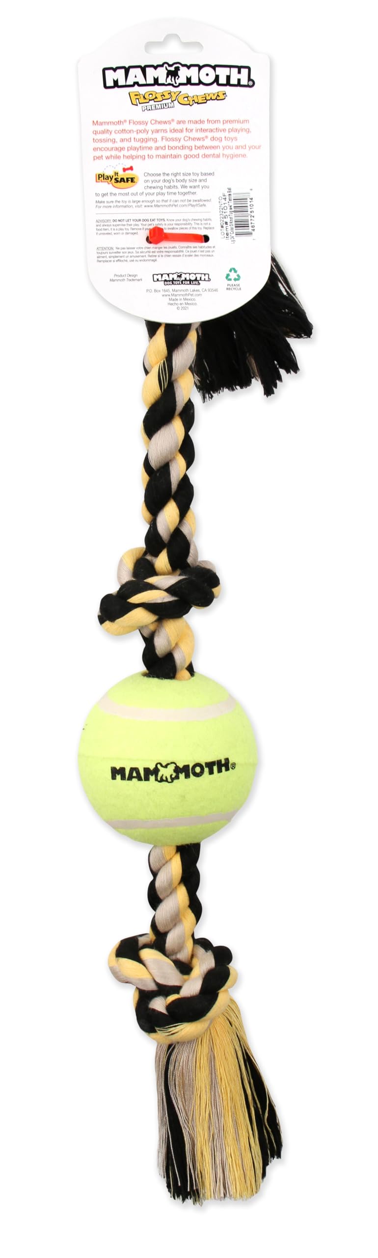 Mammoth Flossy Chews Color 3 Knot Tug w/Large Tennis Ball – Premium Cotton-Poly Tug Toy for Dogs – Interactive Dog Tug Toy – Rope Dog Toy with Tennis Ball for Large Dogs - 24”