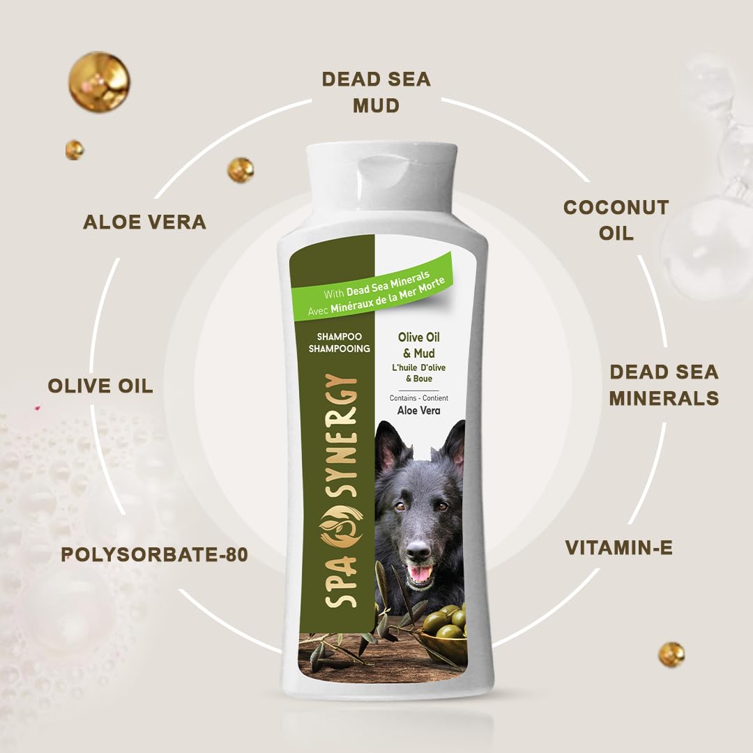 Spa Synergy Pet Dog Shampoo Mud and Natural Dead Sea Mineral Rich, Aloe Vera & Vitamin-E, Anti-itching, Soften & Shiny Coat, Moisturizing - Olive Oil - (1) Bottle 16.5 FL OZ