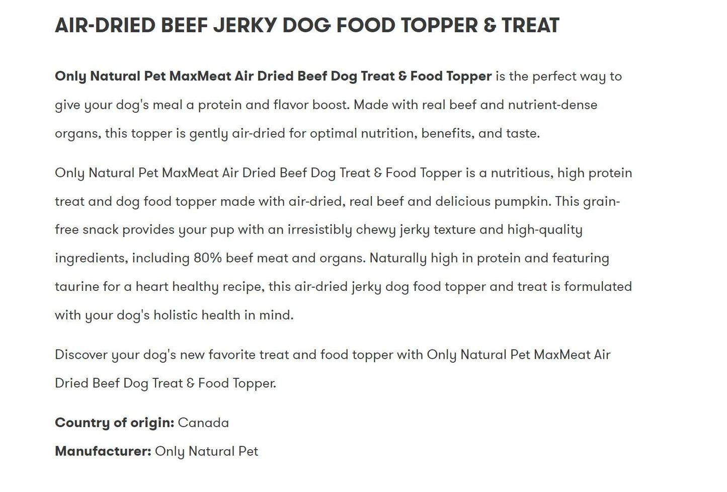Only Natural Pet MaxMeat Holistic Air Dried Dry Dog Food Meal Topper - All Natural, High Protein, Grain Free and Limited Ingredient - Made with Real Meat - Beef with Pumpkin & Parsley 4 oz