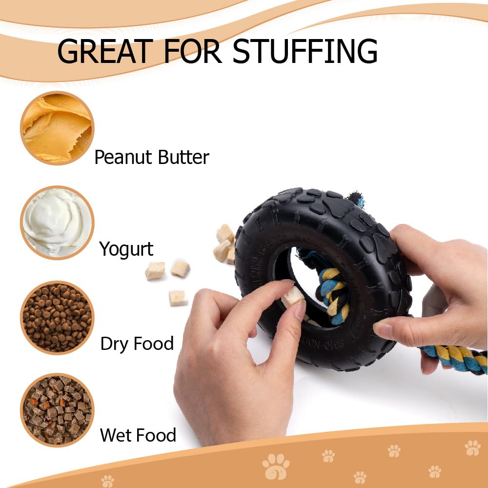 Wagably Tire Dog Toy with Cotton-Poly Rope - Rubber Toy for Extreme Chewers - Interactive Fun Play for Aggressive Chewers for Medium and Large Dogs - Safe and Durable Rope Tug Chew Toy for All Breeds