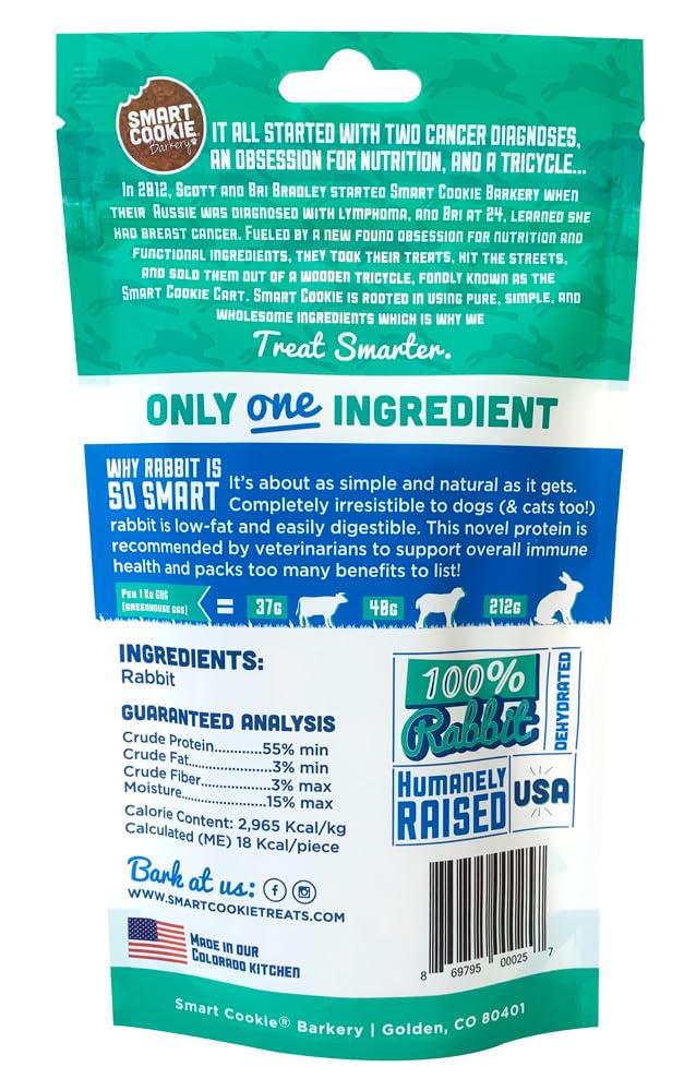 Smart Cookie Single Ingredient Rabbit Jerky Dog Treats - Training Treat Strips for Dogs and Puppies with Allergies, Sensitive Stomachs - Dehydrated, 100% Meat, Grain Free, Made in USA - 3oz, Pack of 1