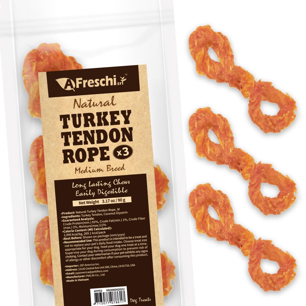 AFreschi Turkey Tendon Rope (M) 3.17 oz, USA-Sourced Turkey Tendon, All Natural Human Grade Dog Chew, Hypoallergenic, Rawhide Alternative, Dog Treats for Medium Breeds