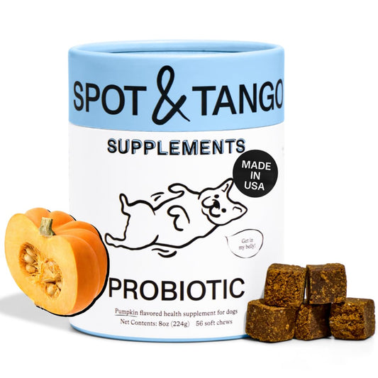Spot & Tango Probiotics Supplements for Dogs - Vet-Approved for Healthy Digestion and Balanced Gut - Pumpkin, Turmeric, Chicory Root, Black Pepper, Nine-Strain Probiotic Blend, 56 Count