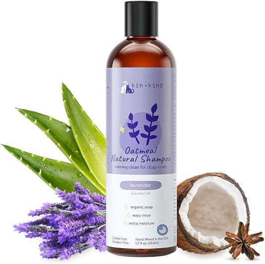 kin+kind Oatmeal Shampoo Lavender for Dogs & Cats Natural Dog Shampoo for Itchy & Sensitive Skin with Colloidal Oatmeal, Olive Oil & Coconut Oil Moisturizing & Safe Pet Shampoo Made in USA (12 fl oz)