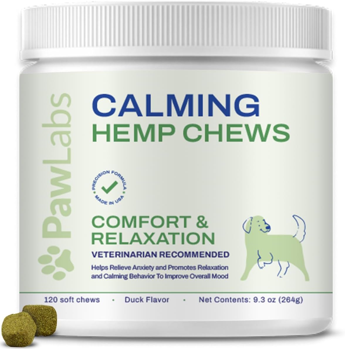 PAWLABS Calming Hemp Chews for Dogs - Relieve Anxiety & Stress - Organic Hemp, Chamomile, Protein Powder, Valerian Root - Natural Calming Aid - Vet Formulated, USA Made - Duck Flavor - 120 Count