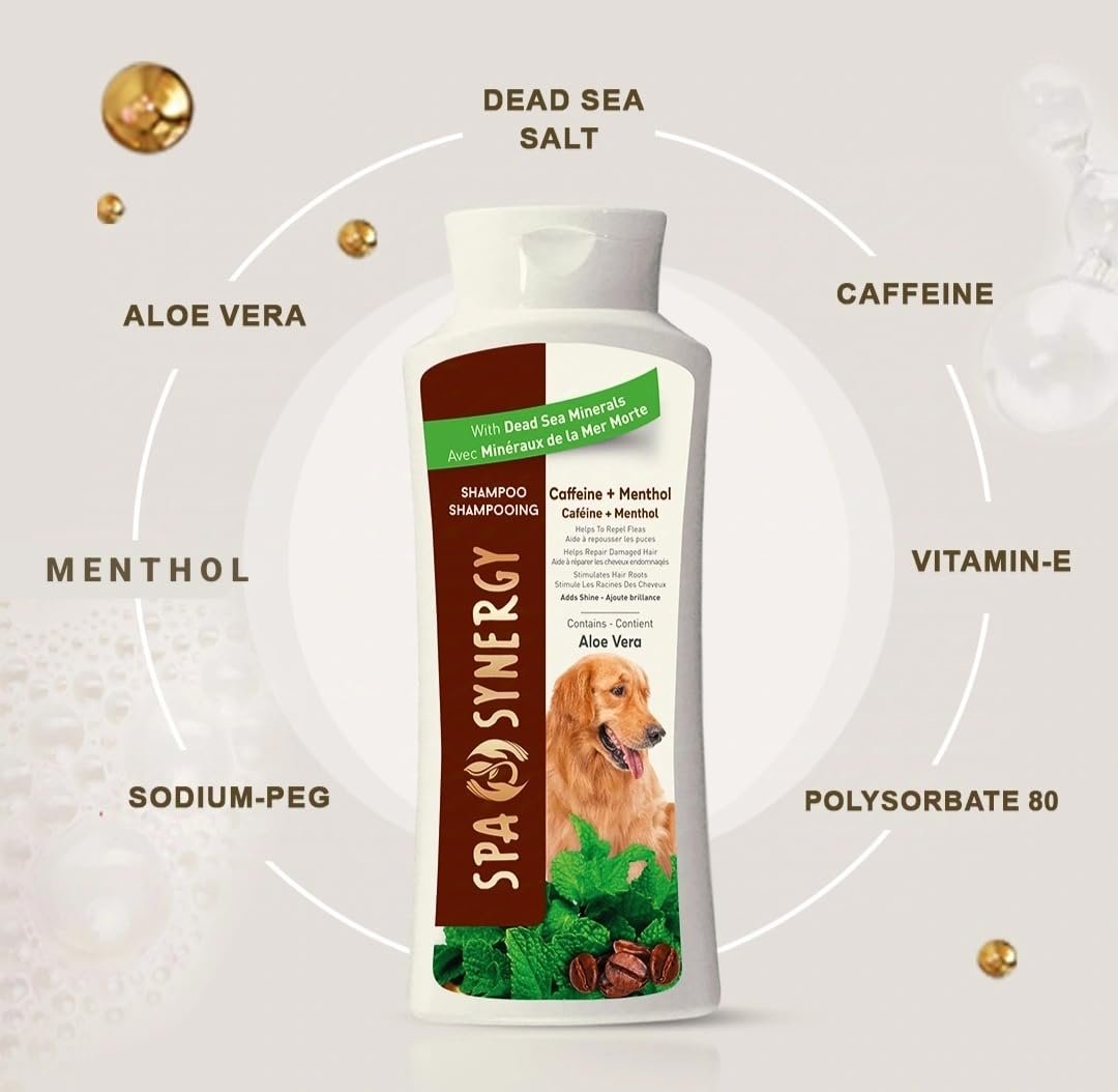 Spa Synergy Pet Dog Shampoo Natural Dead Sea Mineral Rich, Aloe Vera & Vitamin-E, Hair Repair, Stimulates Hair Roots, Refreshing - Caffeine & Menthol - (1) Bottle 16.5 FL OZ