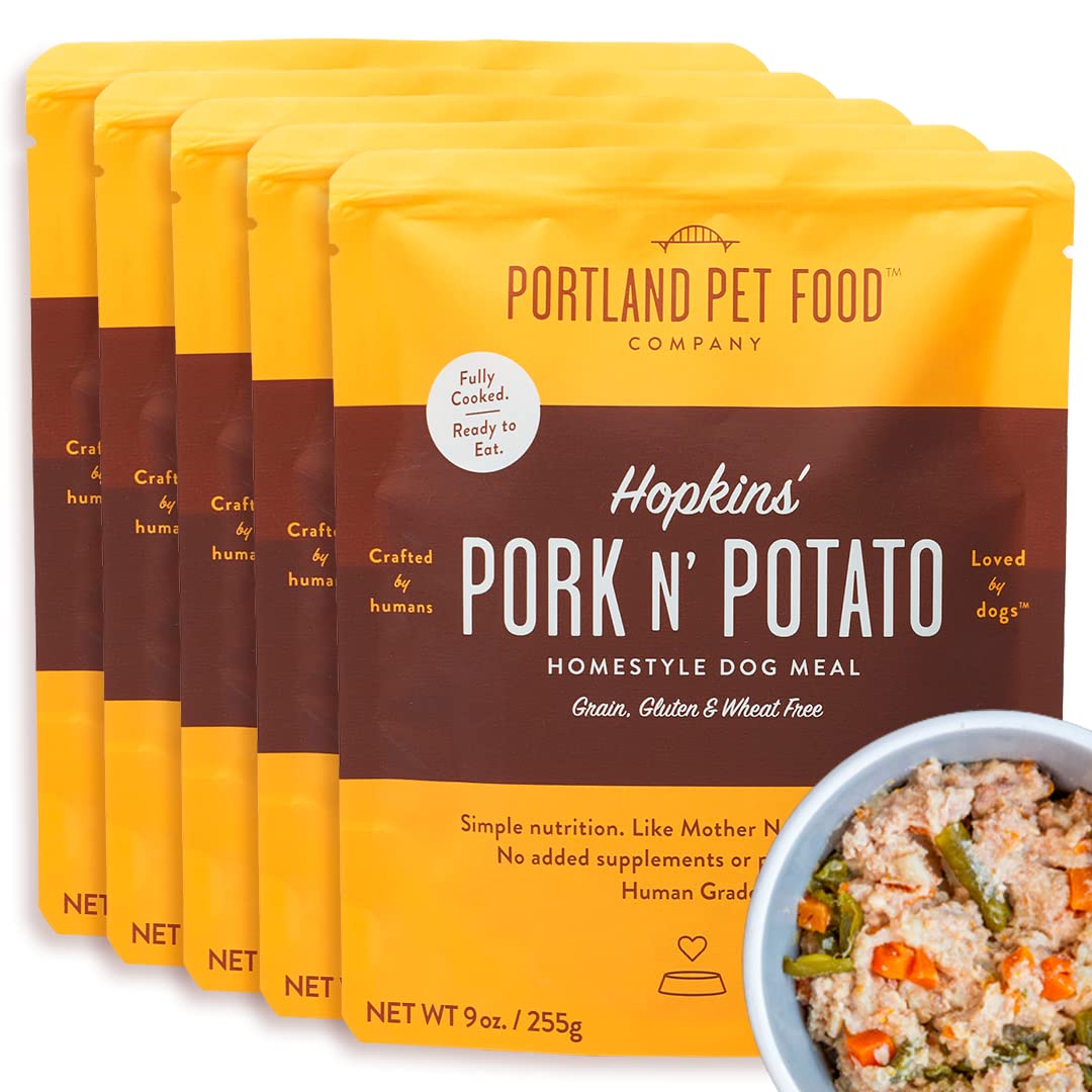 Portland Pet Food Company Hopkin's Pork N’ Potato Fresh Dog Food Pouches - Human-Grade, Grain-Free Wet Meal Topper Mixer & Meals - Small & Large Breed Puppy & Senior Dogs - Made in The USA - 5 Pack