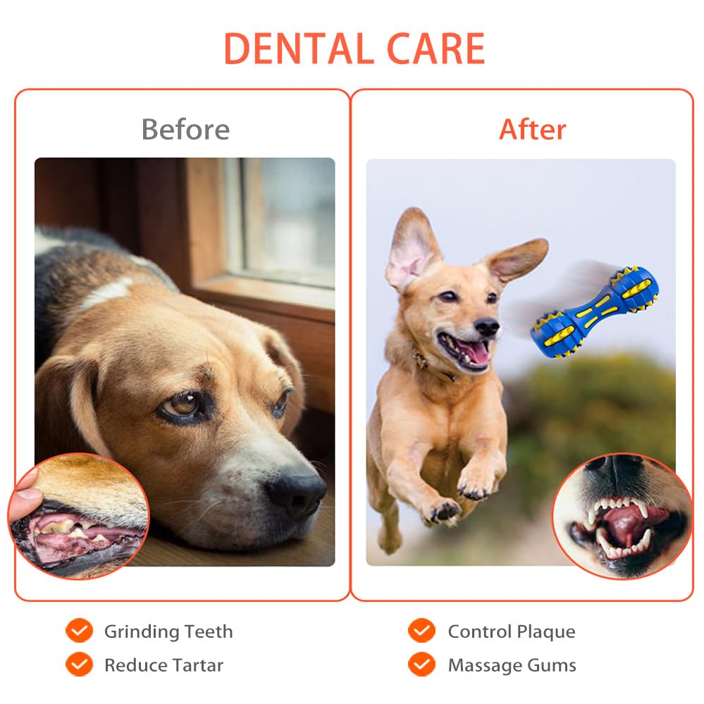 AUSCAT Teething Dog Toys, Durable Squeaky Dog Toys, Rubber Chew Toys for Dogs, Dumbbell Shape, Blue and Black