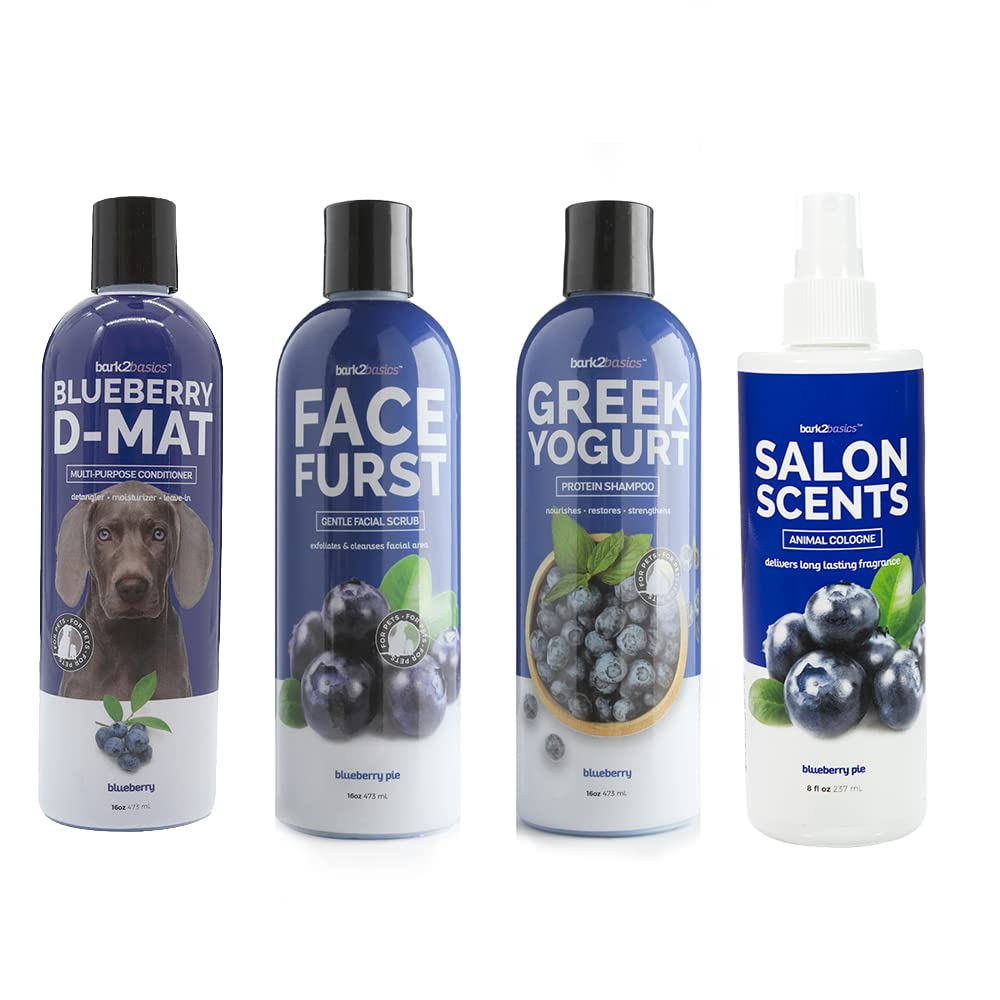 Bark2Basics Blueberry Bundle 16 oz - Shampoo, Facial Scrub, D-Mat Conditioner, and Pet Perfume Spray - Made in The USA, Natural Ingredients, Deodorizing, Professional Grade