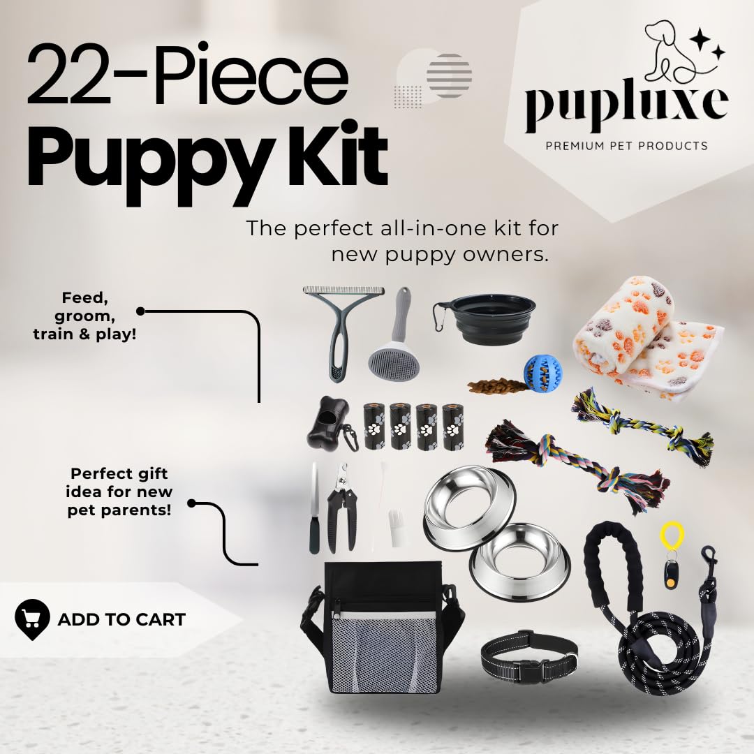PupLuxe Puppy Starter Kit - Black 22 Piece Dog Training Kit | Great Puppy Gift for First Time & Experienced Owners | New Dog Bundle