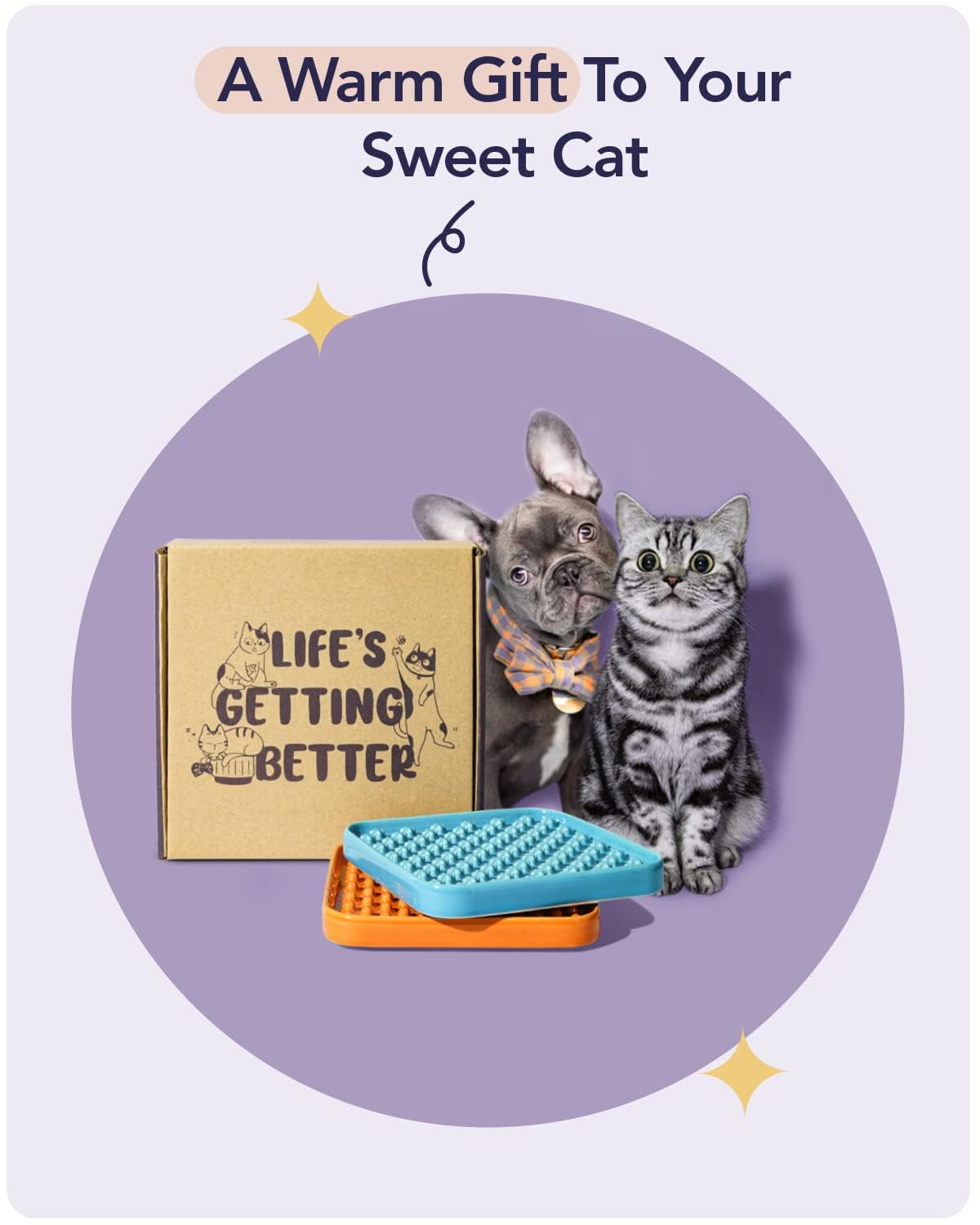 LE TAUCI PET Cat Slow Feeder, 5.5 Inch Lick Mat for Cats and Puppy,Anxiety Relief Licking Mat, Puzzle Feeder for Peanut Butter, Treats, Pet Enrichment Toys, Set of 2, Blue and Orange