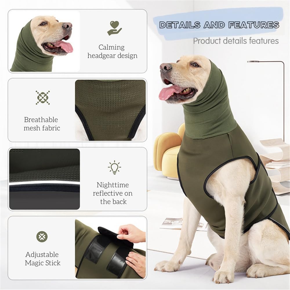 LAROTSUBA Dog Anxiety Relief Coat,Anxiety Jacket for Dogs,Dog Calming Vest,Adjustable Dogs Anxiety Calming Wrap for Fireworks,Thunderstorm,Travel,Separation（Military Green XL）