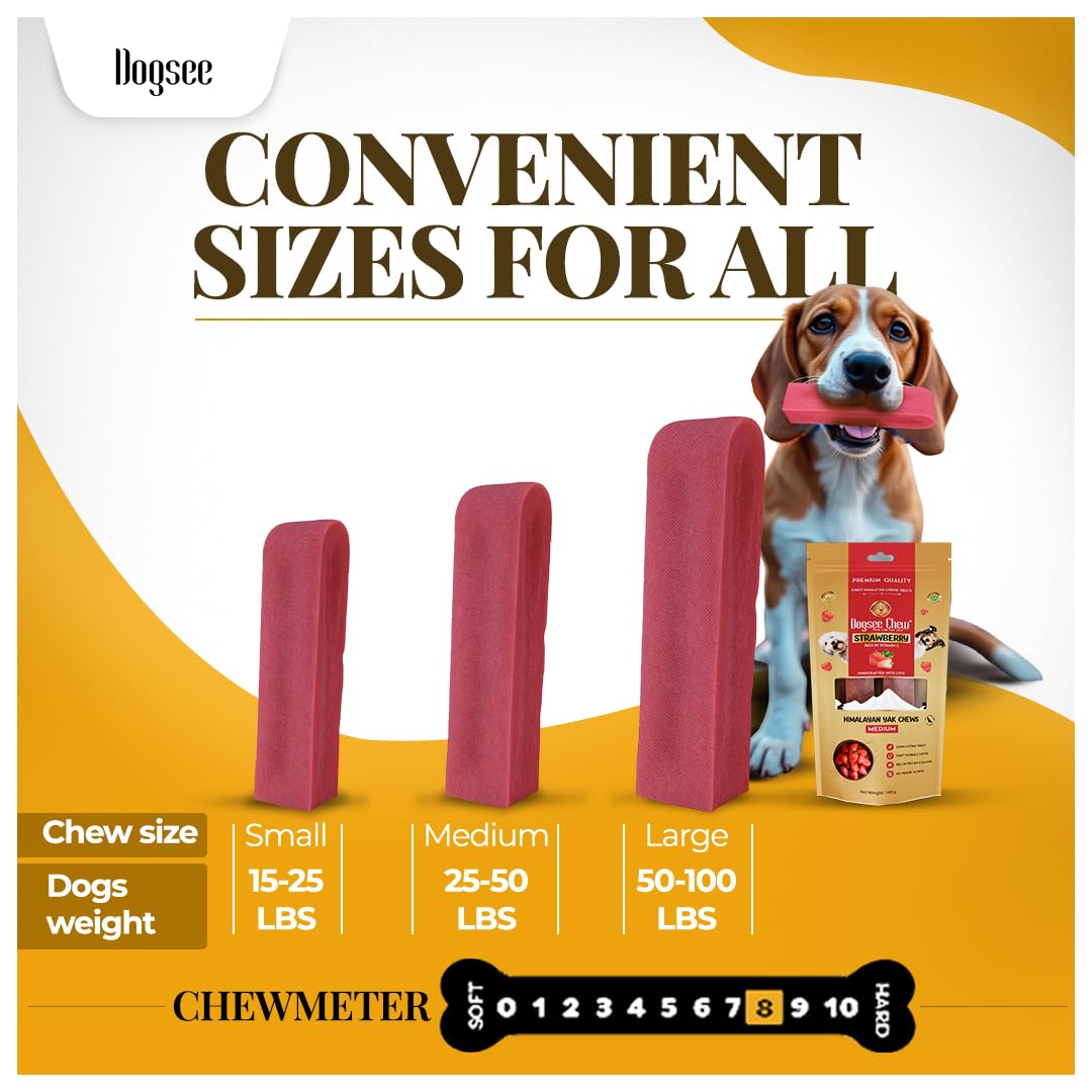 Dogsee Strawberry Flavor Himalayan Yak Cheese Dental Chews for Dogs 1lb (Medium - 6 Chews) | for Healthy Skin & Coat | No Grain, No Gluten | Odorless Dog Treats…