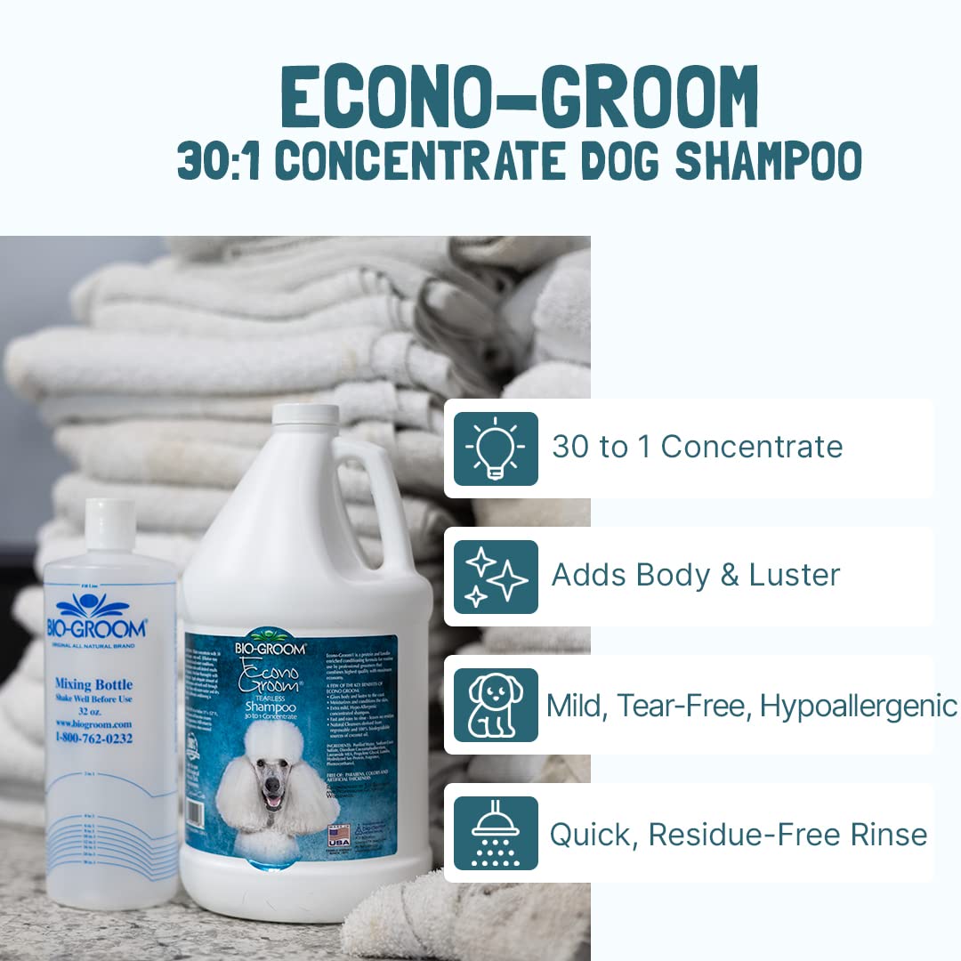 Bio-Groom Econo-Groom Tearless Dog Shampoo Concentrate - Cat & Dog Bathing Supplies, Puppy Shampoo for Gentle Skin, Cruelty-Free, Made in USA, Hypoallergenic, Tear-Free Dog Products - 1 Gallon