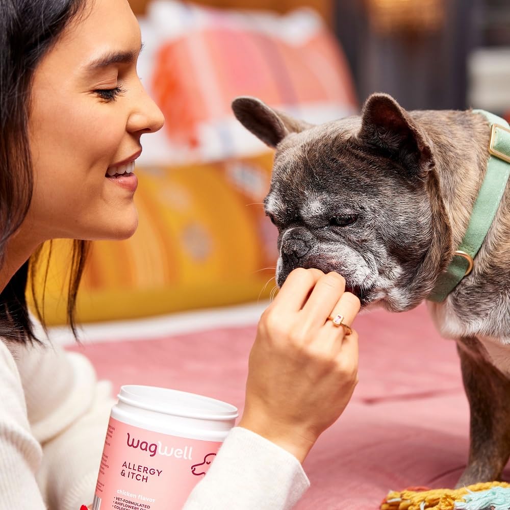 WagWell Allergy and Itch Chews – Chicken Flavored – Plant Based with Colostrum and Spirulina – Dog Skin and Coat Supplement for Itch Relief and Digestive Health, 60 Chews