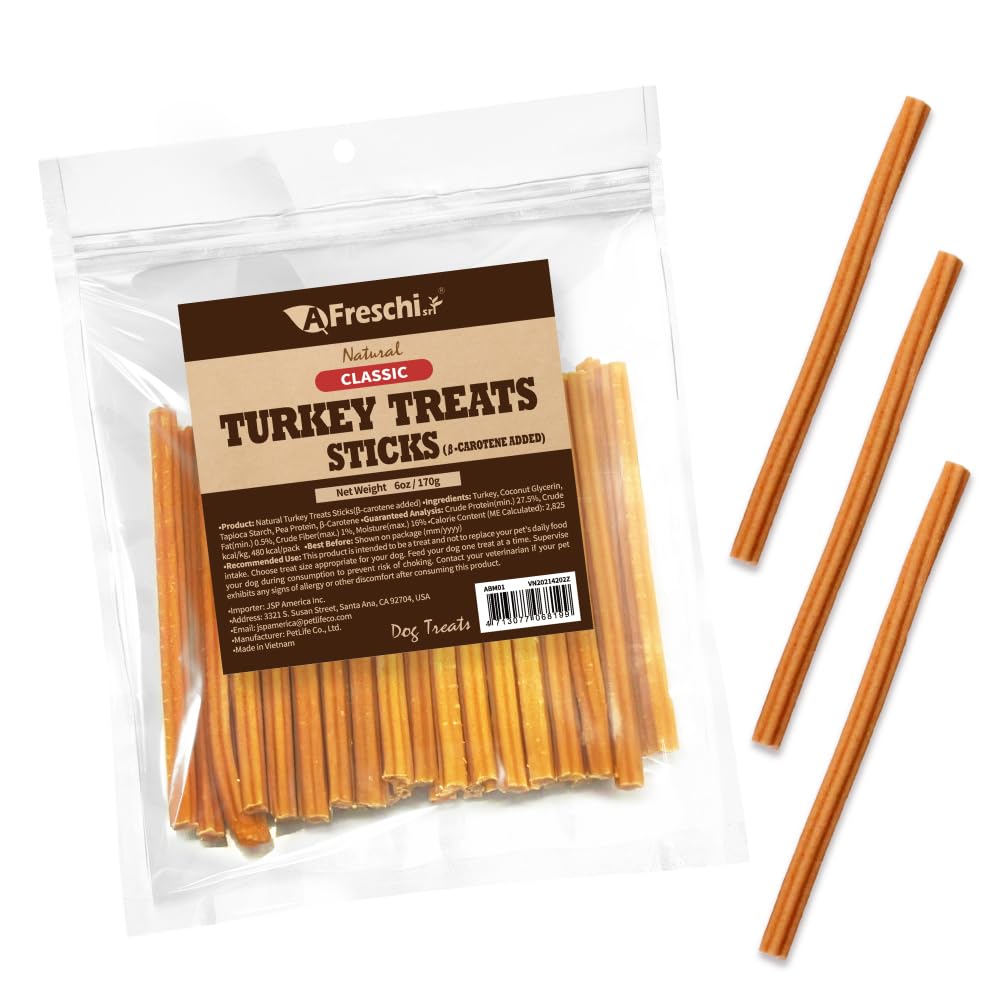 Afreschi Turkey β-Carotene Stick Dog Treats – 6 oz, USA-Sourced Trukey, All-Natural, Hypoallergenic, Low-Fat, Healthy & Easily Digestible, Puppy & Training Snack