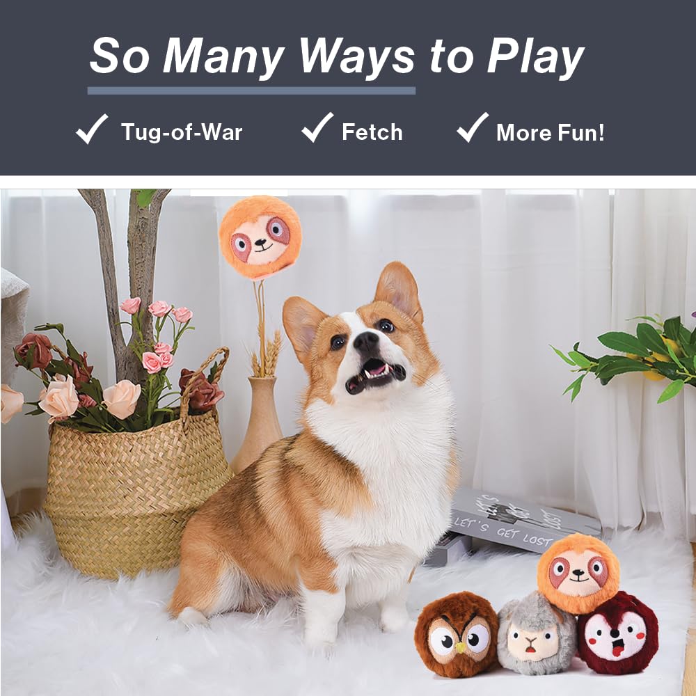 HugSmart Pet Zoo Ball (4-Pack) Plush and Squeaky Tennis Ball for Dog | No Stuffing Tough Interactive Fetch Dog Toys for Small Medium Large Dogs (Fox, Owl, Sloth, Sheep)