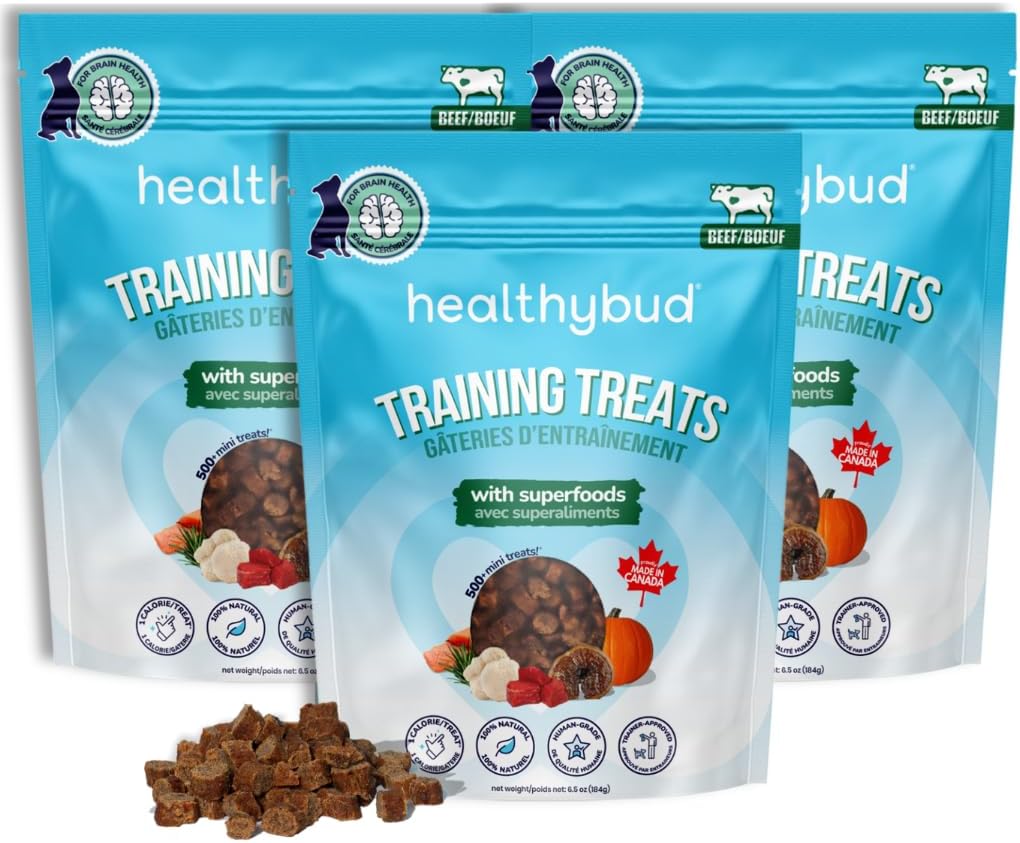 healthybud Mini Dog Training Treats - Beef Liver Soft Trainer Bites, 500+ Bits, 1 kCal per Bite, 6.5oz, Reishi, Lion’s Mane, Salmon Oil, Puppy Chews (3 Pack Beef)