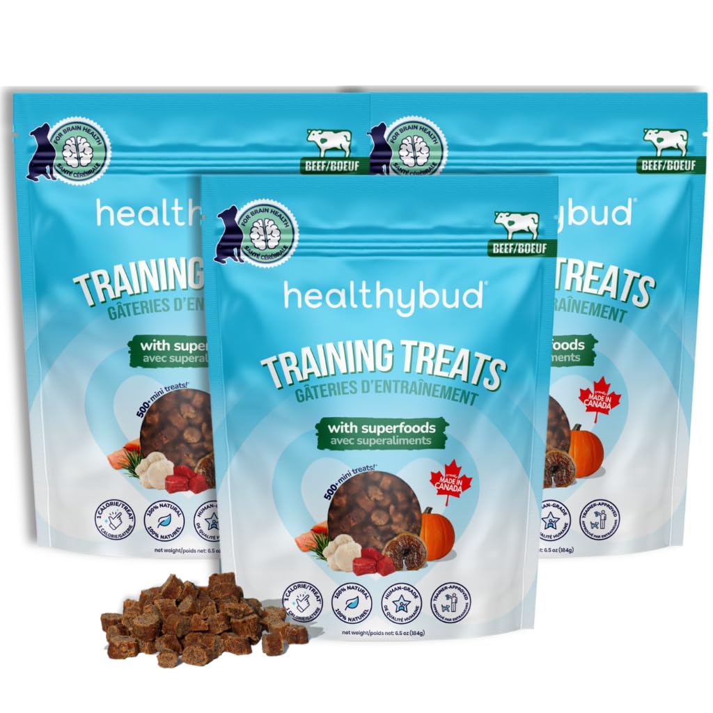 healthybud Mini Dog Training Treats - Beef Liver Soft Trainer Bites, 500+ Bits, 1 kCal per Bite, 6.5oz, Reishi, Lion’s Mane, Salmon Oil, Puppy Chews (3 Pack Beef)