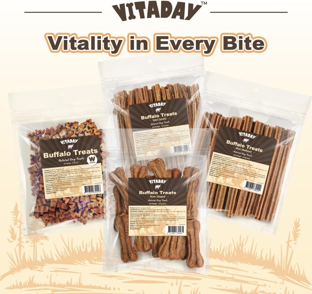 VITADAY Buffalo Dog Treats Bone 8oz, Natural Low-Fat Chews for Training & Rewards, Limited Ingredient, Dogs & Puppies