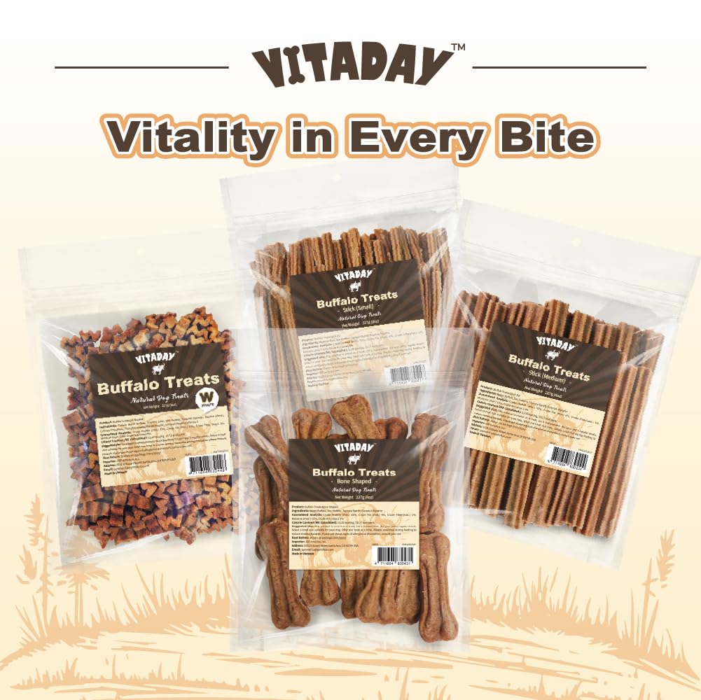 VITADAY Buffalo Dog Treats Bone 8oz, Natural Low-Fat Chews for Training & Rewards, Limited Ingredient, Dogs & Puppies