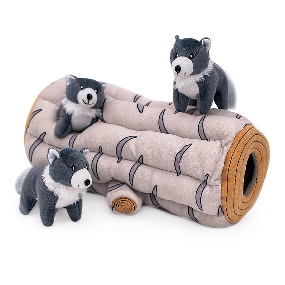 ZippyPaws Burrow- Interactive Dog & Puppy Toys for Boredom, Stimulating Pet Products to Keep Them Busy, Hide & Seek Plush Dog Puzzle, Enrichment Squeaky Toy, for Small & Medium Dogs- Arctic Wolf Log