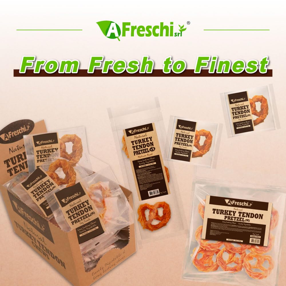 AFreschi Turkey Tendon Pretze (M) 3.17 oz, USA-Sourced Turkey Tendon, All Natural Human Grade Dog Chew, Hypoallergenic, Rawhide Alternative, Dog Treats for Medium Breeds