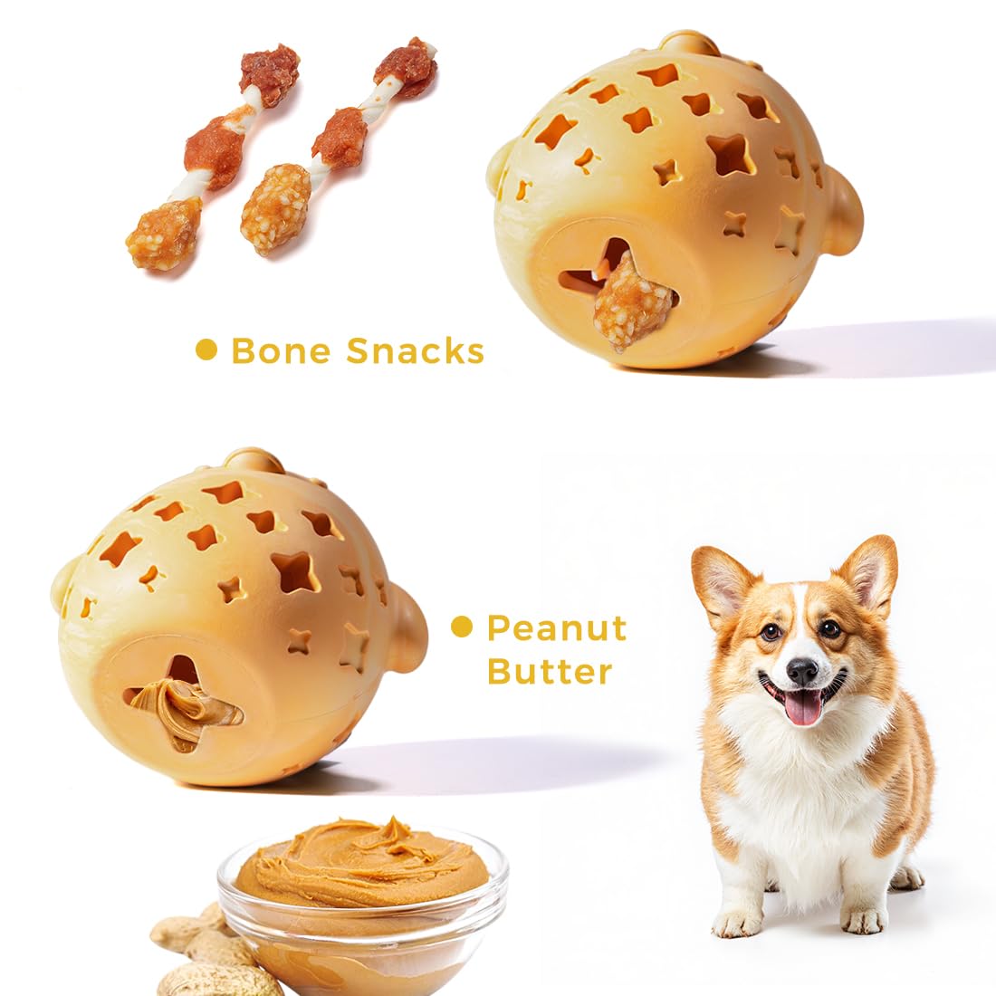 MewaJump Stuffed Dog Toy Treat Dispenser Dog Toy Puzzle Rubber Chew Toys Treat Food Dispensing Toys for Teeth Cleaning Ball Interactive Enrichment Toys for Puppy, Small, Medium, Large Breeds